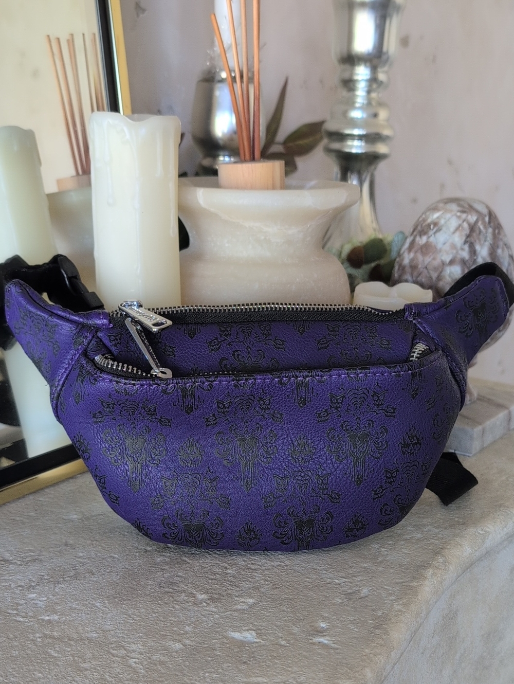 Loungefly NWOT Purple Haunted Mansion Wallpaper Patterned Mini Waist Bag